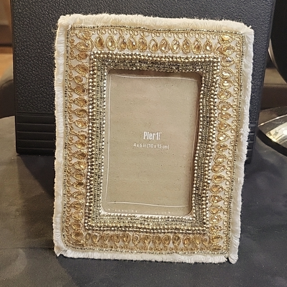 Pier 1 Imports 4x6 Picture Frame Made From Fabric Of Gold & Silver Accents